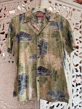 RJC Green Blue Cream Tropical Palm Leaf Cotton Hawaiian Shirt Made in Hawaii USA
